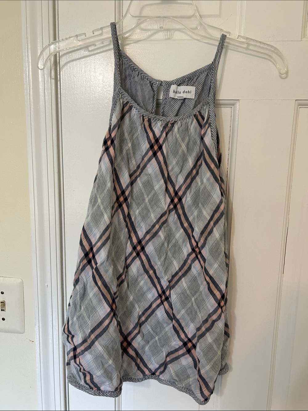 Bella Dahl Diagonal Plaid Sleeveless Dress in Gray and Pink